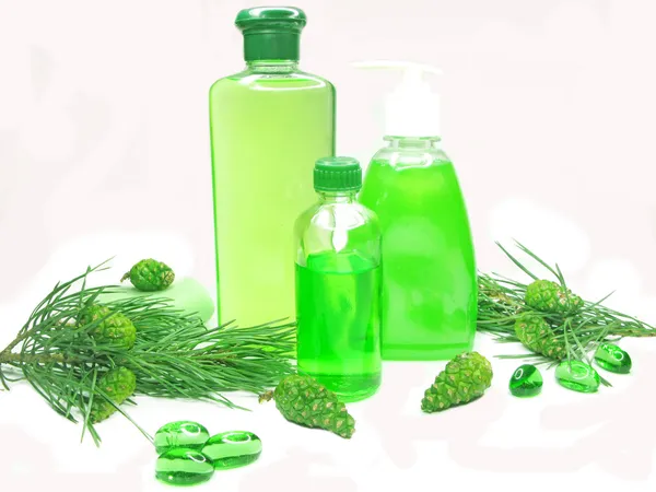 Shower gel bottle set with fir extract — Stock Photo, Image