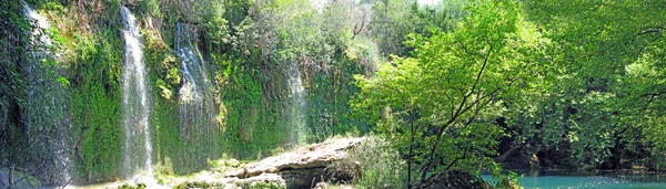 Панорама каскаду водоспадів у глибокому лісі — стокове фото