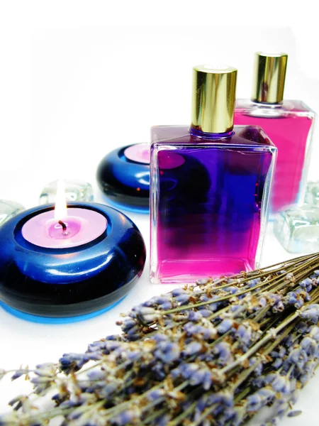 Wellness Kerzen Lavendel Aromaöle — Stockfoto