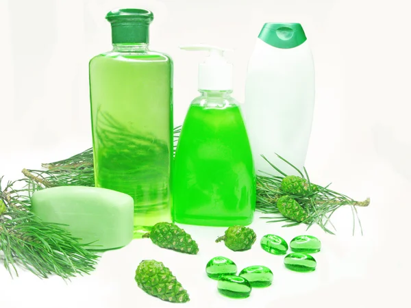 Shower gel bottles with fir extract — Stock Photo, Image