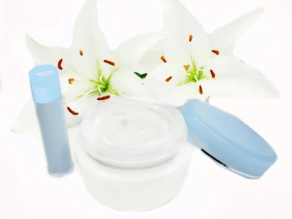 Crema cosmetica per viso e labbro balsamo — Foto Stock