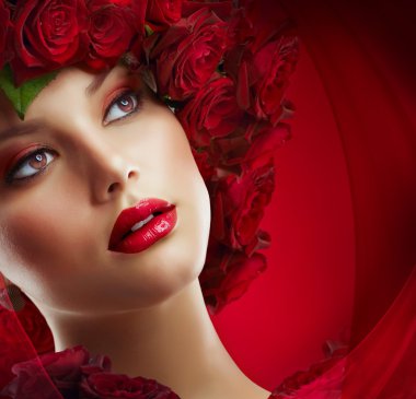 Beautiful Fashion Girl with red makeup and Roses. Hairstyle clipart