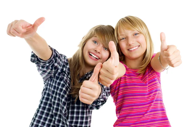 Πορτρέτο της ευτυχισμένος έφηβος κορίτσια εμφανίζονται αντίχειρες απομονωθεί ένα μόριο — Φωτογραφία Αρχείου