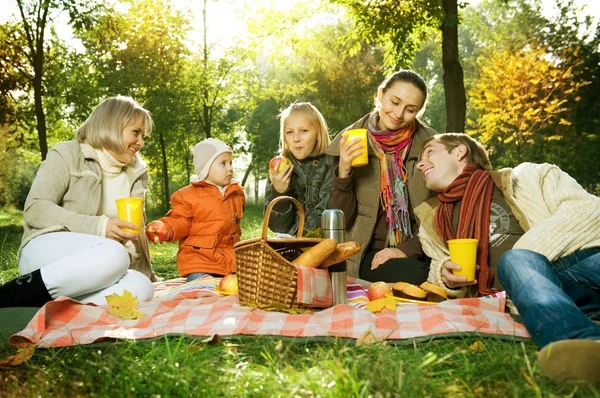 快乐的大家庭中秋天的公园。野餐 — 图库照片