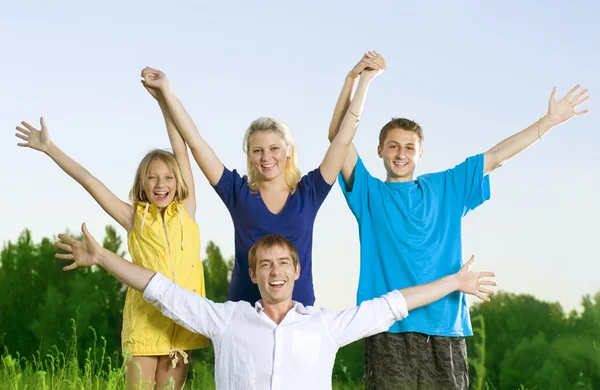 Happy Friends Outdoors. Hands Up — Stock Photo, Image