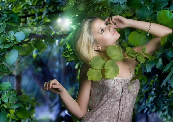 Gyönyörű romantikus nő a ködös erdő — Stock Fotó
