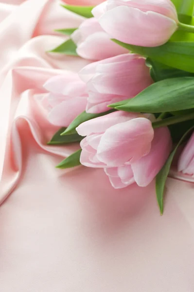 Beautiful Tulips On A Silk. With Copy Space — Stock Photo, Image