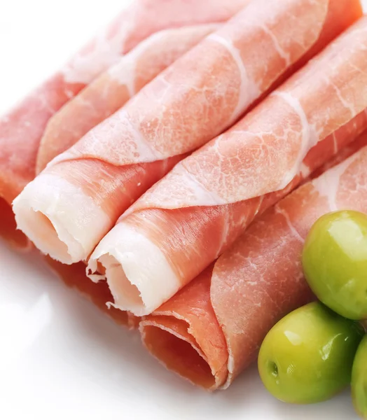 Verse prosciutto rolt close-up — Stockfoto