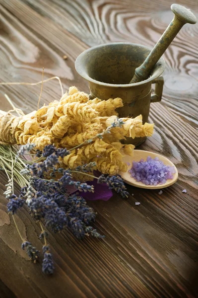 Herbs And Antique Mortar With Pestle — Stock Photo, Image