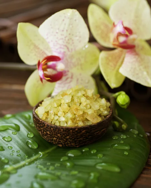 Spa. Sal marina perfumada y orquídea —  Fotos de Stock