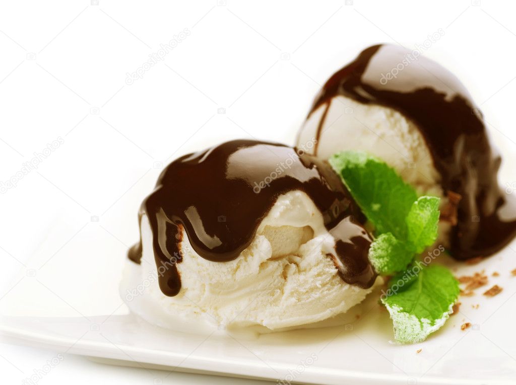 Ice cream with Chocolate topping. Dessert over white