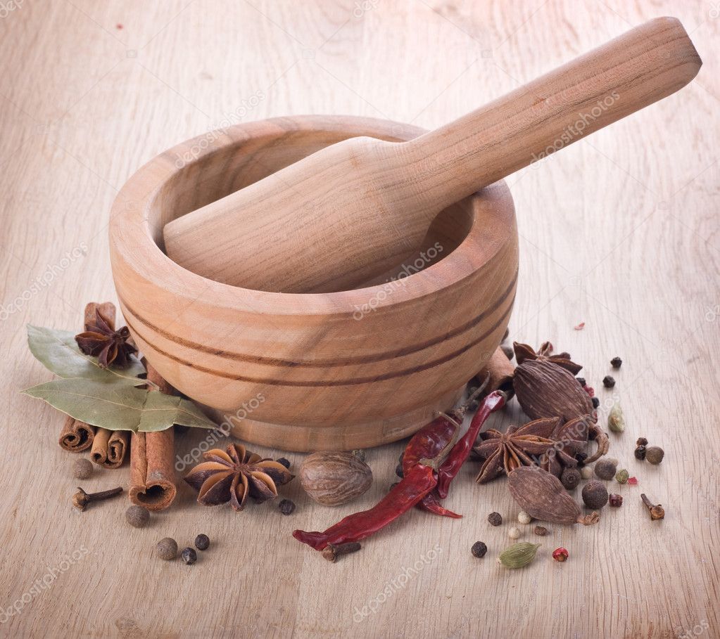 Wooden Mortar And Spices