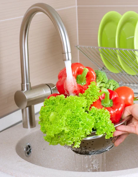 Waschen von frischem Gemüse — Stockfoto