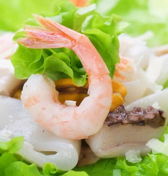 Gesunder Fischsalat mit Garnelen, Kraken und Miesmuscheln — Stockfoto