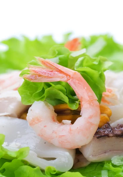 Hälsosamma skaldjur sallad med räkor, bläckfisk och musslor — Stockfoto