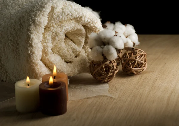 Cotton Towel And Candles — Stock Photo, Image