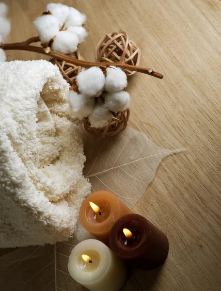 Cotton Towel And Candles — Stock Photo, Image