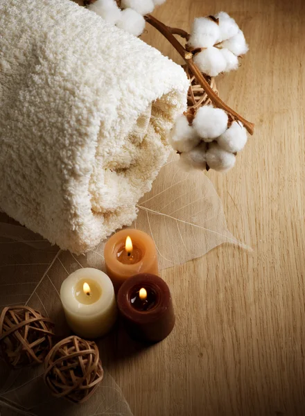 Cotton Towel And Candles — Stock Photo, Image