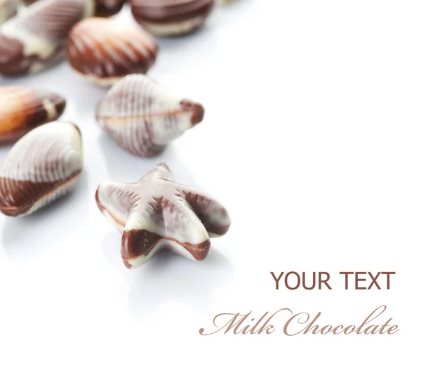 Muscheln aus Milchschokolade. Selektiver Fokus — Stockfoto