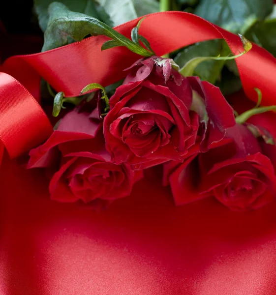 Rosas vermelhas sobre fundo de seda — Fotografia de Stock
