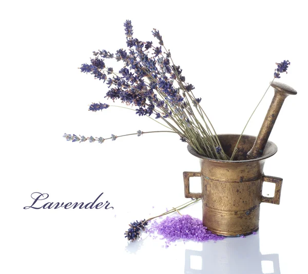 Lavender And Antique Mortar Over White — Stock Photo, Image