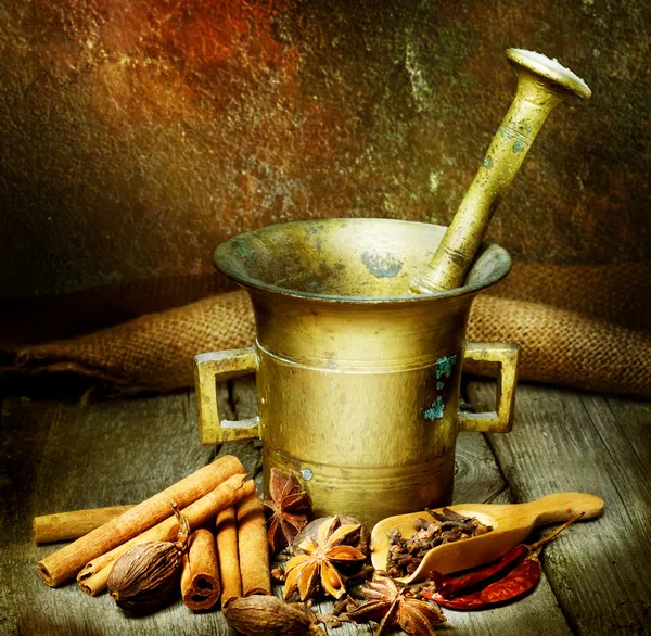 Spices And Antique Mortar With Pestle — Stock Photo, Image