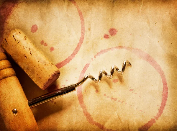 Wine Background. Wine Cork, Corkscrew And Red Wine Stains On The — Stock Photo, Image