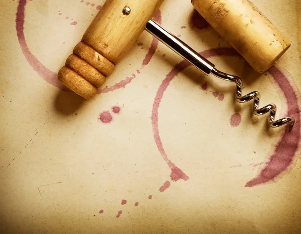 stock image Wine Background. Wine Cork, Corkscrew And Red Wine Stains On The