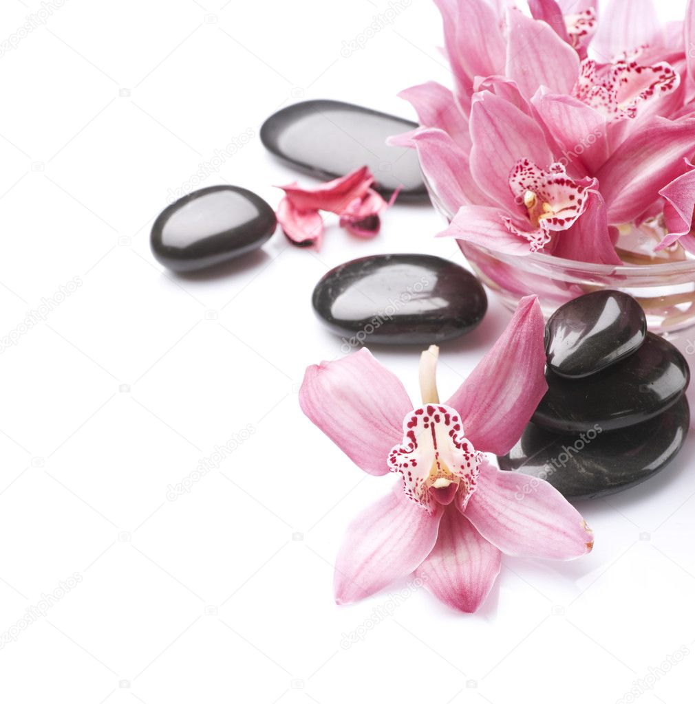 Spa Stones and Orchid flowers over white