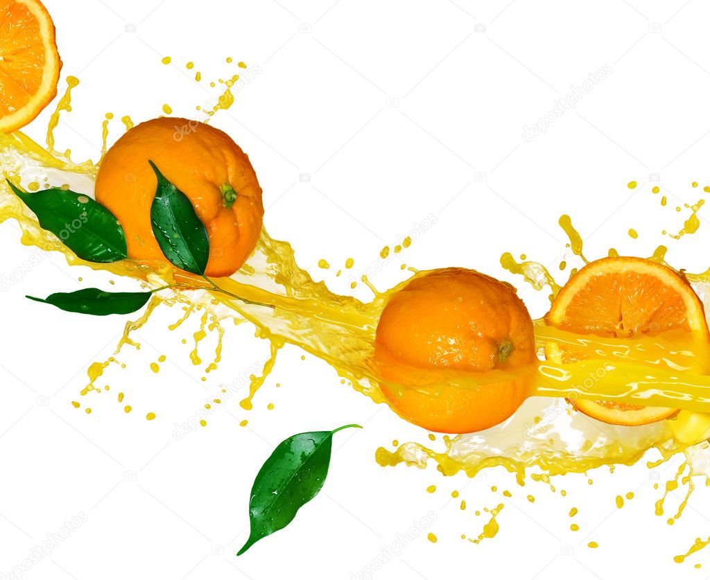 Orange fruits and splashing Juice in motion
