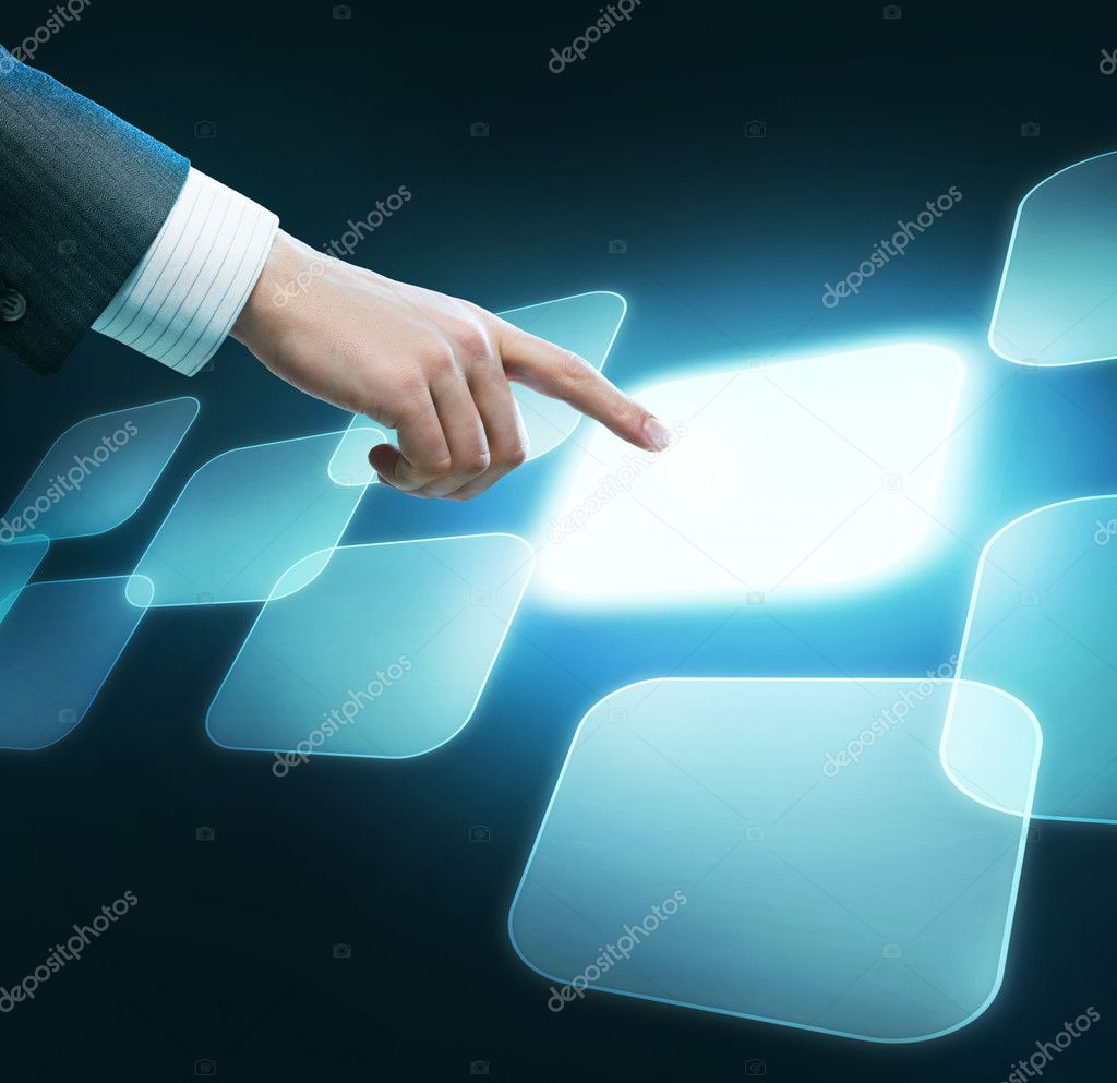 Hand pushing the button.Touchscreen. Choice concept Stock Photo by ...