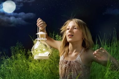Little Girl Running On A Green Field. Mystical Night clipart