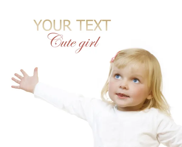Niedliches Baby-Mädchen über Weiß mit Platz für Text — Stockfoto