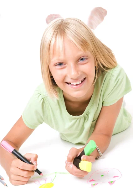 Happy Little Girl Drawing — Stock Photo, Image