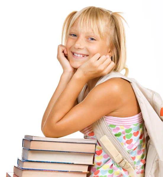 Concepto de Educación. Feliz escuela chica con libros —  Fotos de Stock