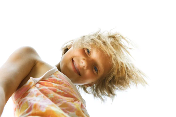 Šťastný roztomilá holčička bílé pozadí — Stock fotografie