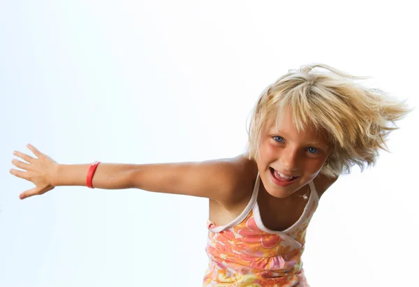 Happy Cute Little Girl Over Blue Sky — Stock Photo, Image