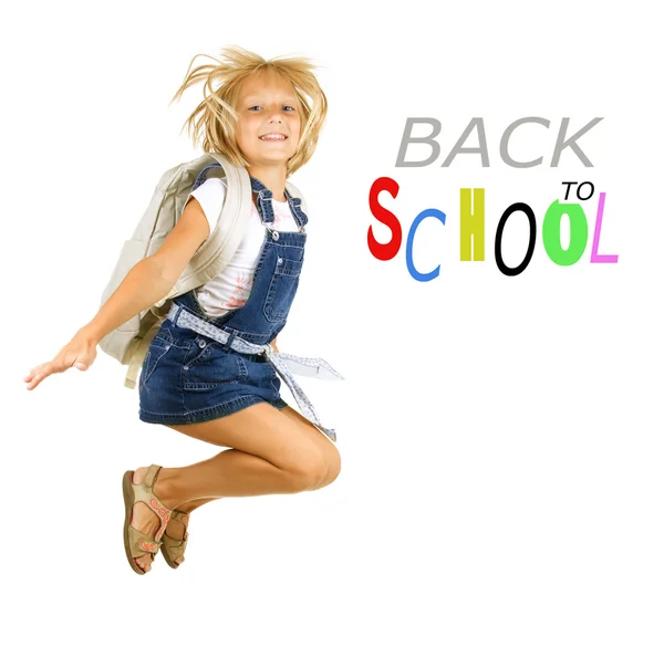 Terug naar school. Gelukkig leerling springen. geïsoleerd op wit — Stockfoto