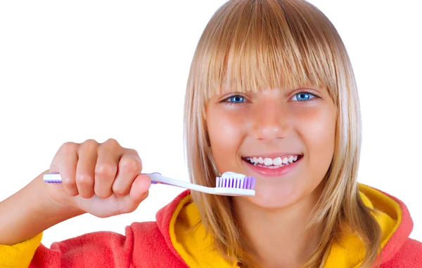 Adolescente Saudável Menina escovar os dentes — Fotografia de Stock