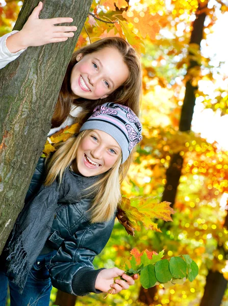 秋の公園 .outdoor で楽しんでいる美しい 10 代の少女 — ストック写真