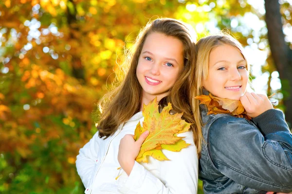Piękne nastolatki zabawy jesienią park .outdoor — Zdjęcie stockowe
