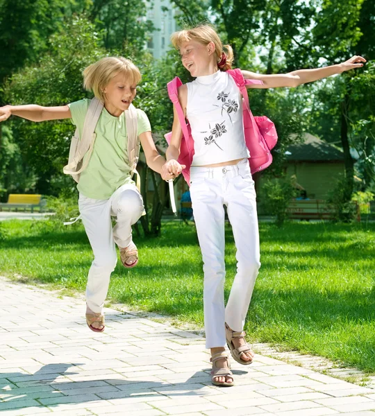 Happy Little Girls Going To School. Education Concept — Stock Photo, Image
