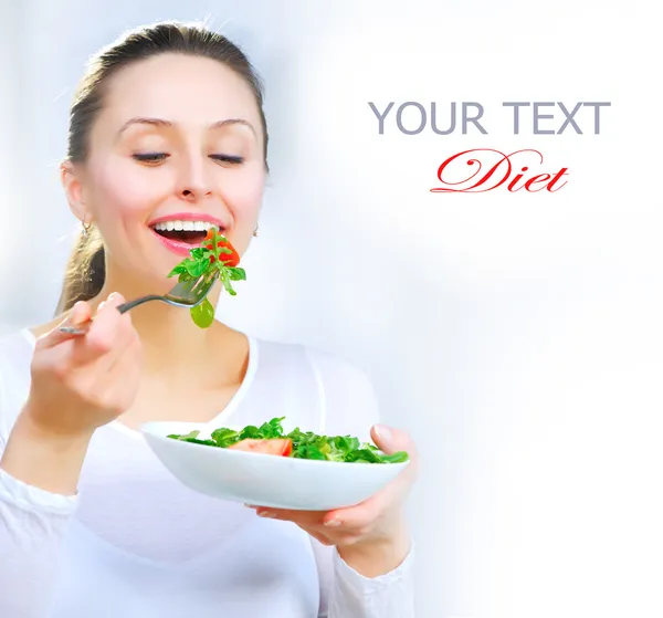 Diet. Healthy Young Woman Eating Vegetable Salad — Stock Photo, Image