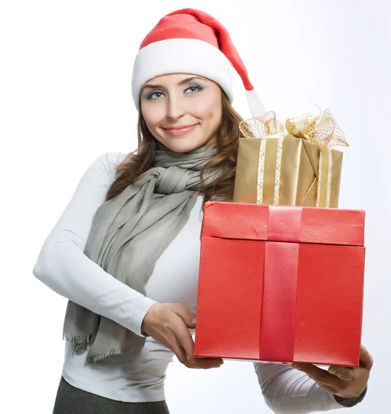 Vackra santa flicka med semester julklappar — Stockfoto