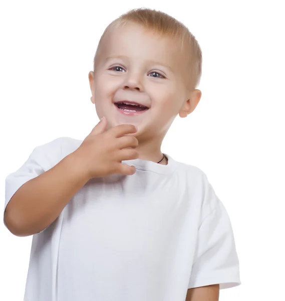 ハッピーかわいい赤ちゃん男の子上のホワイト ロイヤリティフリーのストック写真