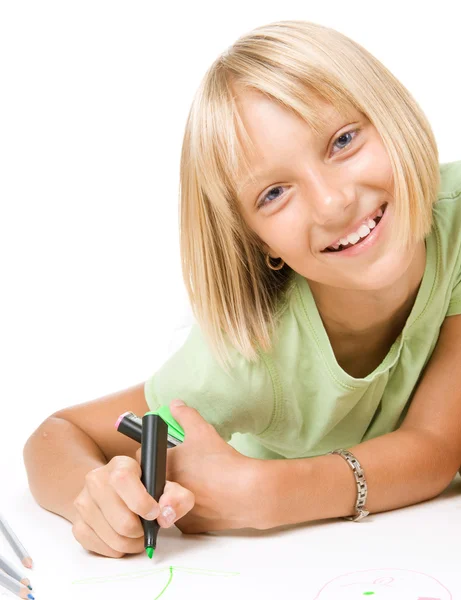 Happy Little Girl Drawing Stock Photo