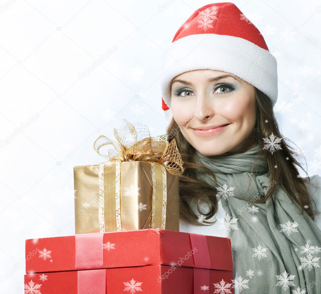 Santa Woman with Christmas Gift Box