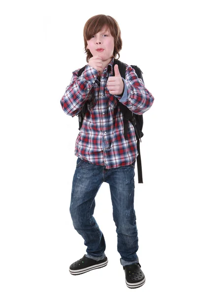 흰색 배경 위에 서 있는 어린 소년 스톡 사진