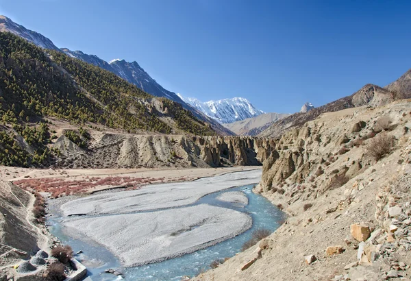 Vallei van de rivier in de buurt van manang in nepal — Stockfoto
