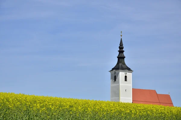 Iglesia detrás de un campo — Foto de Stock